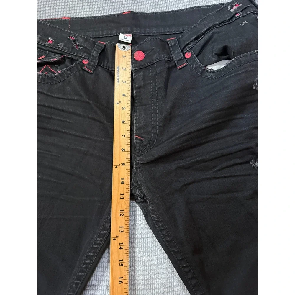 True Religion Geno Straight Mens Black Red Stitch Distressed‎ Jeans Size 38x33